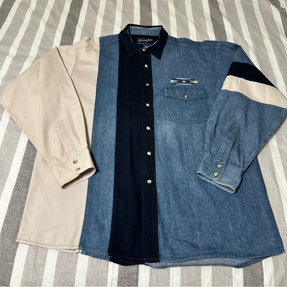 Vtg Wrangler Mens Western Long Sleeve Button Up Shirt Denim Black Cream Size L